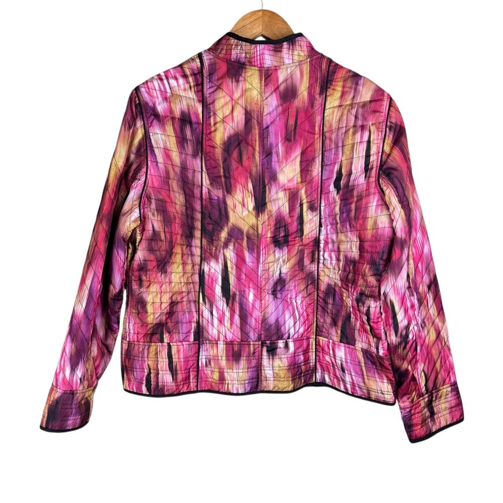Chico's Sz 2 Pink Watercolor Lightweight Quilted Collarless Open Layering Jacket - Picture 9 of 12